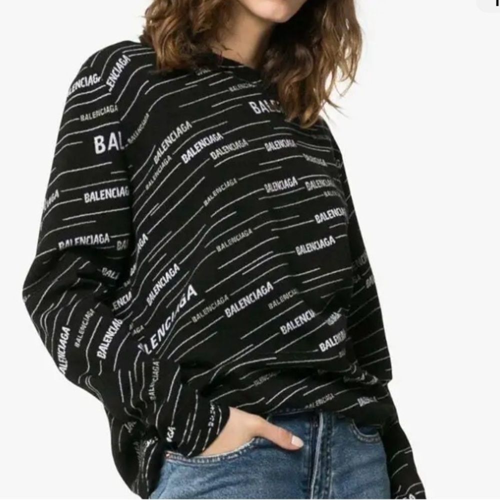 BALENCIAGA Black All Over Print Logo Womens  Wool Blend Size Small Sweater